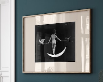 witchy print, quirky black and white photo, moon art print, gothic art print, witchy wall decor, gothic home decor, woman balancing moon