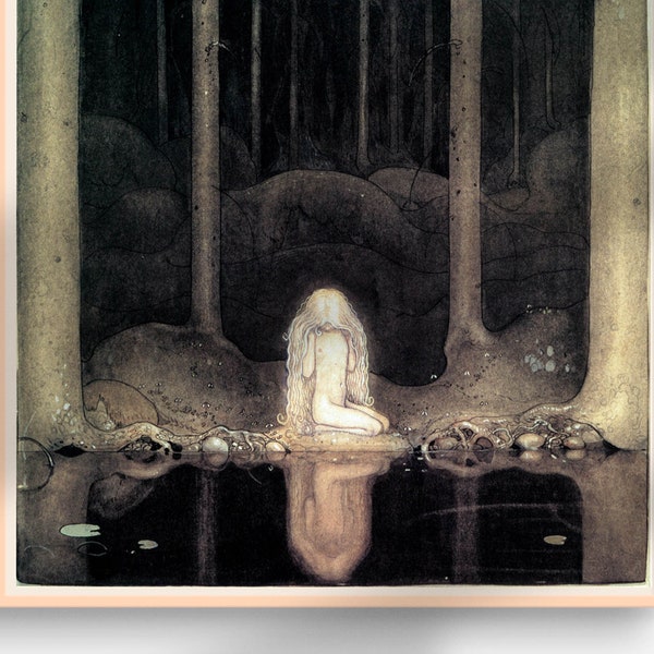 John Bauer Druck, Prinzessin Tuvstarr blickt ins Wasser, schwedische Volksmärchen, Märchen Poster, Fairycore Wandkunst
