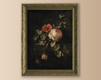 Arte de pared enmarcado con flores oscuras y melancólicas, arte sobre la cama, arte enmarcado para el dormitorio, pintura de rosas, impresión de flores vintage, arte para el comedor