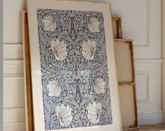 blue gray william morris pimpernel poster, william morris print, exhibition poster, blue bathroom wall decor, maximalist, Victorian wall art