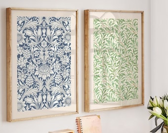 William Morris print set of 2 blue and green, morris wall art, green willow morris poster, morris sunflower print, above bed art
