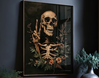 Skeleton Peace Sign Print, Happy Skeleton Art, Halloween Wall Art, Gothic Wall Art, Spooky Art, Goth Print, Vintage Skeleton Print, Dark Art