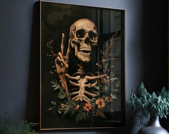 Impresión de esqueleto con el símbolo de la paz, arte de esqueleto feliz, arte mural de Halloween, arte mural gótico, arte espeluznante, impresión gótica, impresión de esqueleto vintage, arte oscuro
