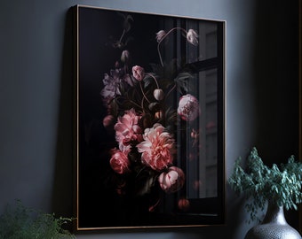 dark flower wall art, moody floral print, vintage flower print, dark academia antique oil painting art, dark cottagecore, dining room art