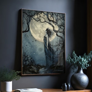 Impression femme et lune, art mural fée lune, impression d&#39;Arthur Rackham, art mural fairycore, songe d&#39;une nuit d&#39;été, impression William Shakespeare
