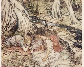 Shakespeare print, A Midsummer Night's Dream, Arthur Rackham print, Hermia and Helena, fairy art poster, country decor, farmhouse decor