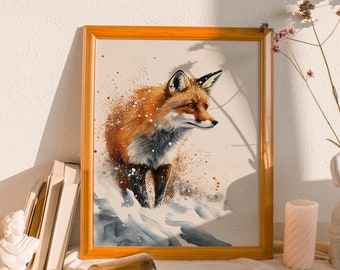 red fox watercolor painting, fox in snow print, wildlife art, woodland nursery, nursery wall art, animal wall art, fox gift, woodland print