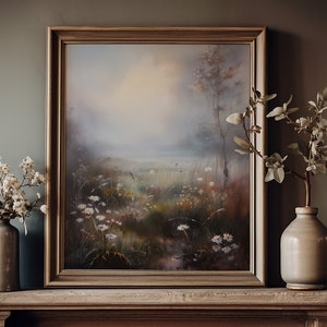 Moody Landscape Print, Moody Botanical Print, Dark Moody Flower Field Print, Impressionist, Vintage Painting, Dark Vintage Floral Painting
