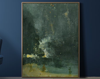 emerald green 18x24 print vintage, dark green wall art, starry night, moody oil painting, Nocturne in Black and Gold, art print abstract