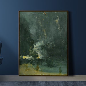 emerald green 18x24 print vintage, dark green wall art, starry night, moody oil painting, Nocturne in Black and Gold, art print abstract