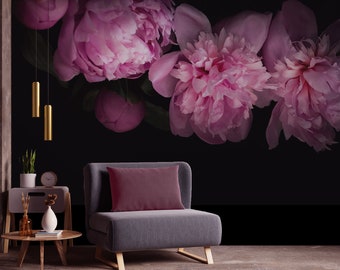 Mural de pared de peonías, papel tapiz de peonías oscuras, papel tapiz floral oscuro despegable y adhesivo, papel tapiz con un toque melancólico, papel tapiz botánico, mural de flores rosas grandes