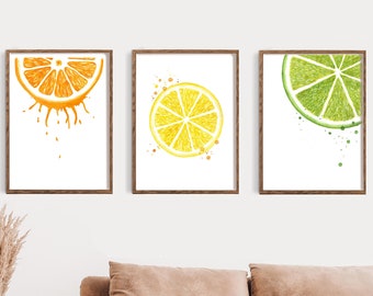 lemon kitchen decor, watercolor fruit citrus print set of three, watercolor orange lemon lime print, kitchen wall decor, large kitchen print