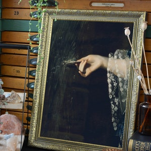 framed moody vintage portrait painting, vintage woman fashion print framed, victorian framed wall art, dark moody antique, surreal painting