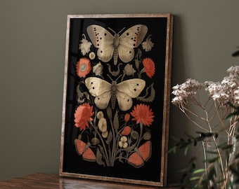 Botanical Moth Illustration, Moth Poster, Dark Academia, Insect Wall Art, Dark Cottagecore, Red Moths, Vintage Insect Illustration, Witchy