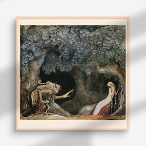 おとぎ話のプリント、魔女のプリント、ジョン・バウアーのプリント、女王の真珠の首飾り、魔女風の装飾、スウェーデンの民芸品、フェアリーコアの壁画、ファンタジー