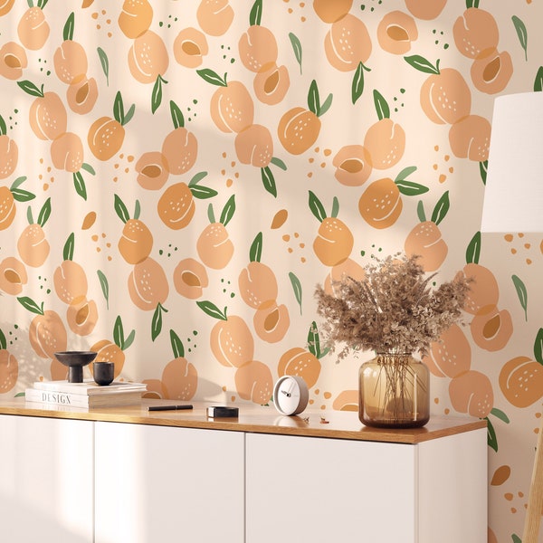 Fruit Wallpaper Kitchen, Peach Wallpaper, Laundry Room Peel And Stick Wallpaper Kitchen, Removable Floral, Boho Botanical, Maximalist