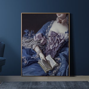 Druk w stylu rokoko, wydruk z czytającą kobietą, sztuka alter ego, plakat z książką do czytania, sztuka maksymalistyczna, detale artystyczne, dekoracja kącika do czytania, prezent dla miłośnika książek