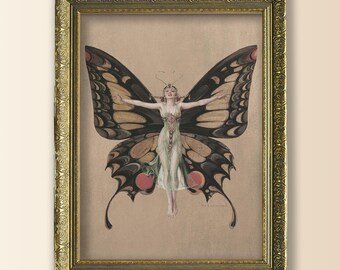 Framed Butterfly Woman Print, Vintage Fairy Print, Mythology Art, Art Nouveau, Framed Moody Wall Art, Dark Moody Antique Fantasy Print