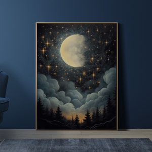 Full Moon Print, Night Clouds Art, Moon and Stars Wall Decor, Vintage Moon Print, Night Sky Painting, Dark Academia, Magical Lunar Painting