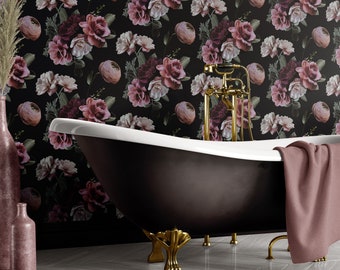 Moody Flower Wallpaper, Elegant Victorian Style Accent Wallpaper for Dining Room, dark floral peel and stick wallpaper, rose wallpaper