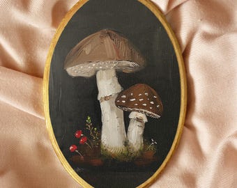 Sztuka z grzybami w stylu vintage, owalna drewniana tabliczka, dekoracja leśna