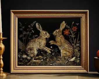 Two Hares Meeting in the Dark Forest, Dark Cottagecore Print, Hare Art, Vintage Wall Art, Witchy Aesthetic, Woodland Animal, Rabbit Print