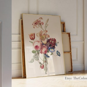 Arte de pared con flores retro, impresión artística de estilo cottagecore con flores, póster vintage, ramo caprichoso, decoración de granja, flores, jarrón, arte de flores silvestres