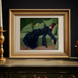 reading nook decor, book lover home gift, dark green wall art, victorian art, Ramon Casas Decadent, funny bookworm gift, home library decor