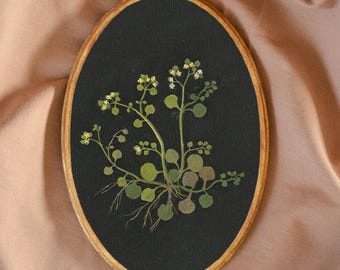 Botaniczny wydruk w stylu vintage, mały obraz kwiatowy na czarnym tle, owalny botaniczny wydruk na płótnie, miniaturowa sztuka ścienna, drewniana tablica