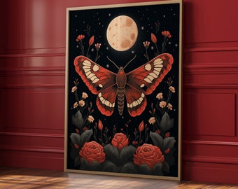 Botanical Moth Print, Moth Illustration, Dark Academia, Insect Wall Art, Dark Cottagecore, Red Moths, Vintage Insect Illustration, Witchy