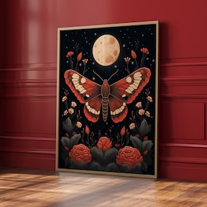 Impression de papillon de nuit botanique, illustration de papillon de nuit, milieu universitaire sombre, art mural insecte, cottagecore sombre, papillons de nuit rouges, illustration d'insecte vintage, sorcière