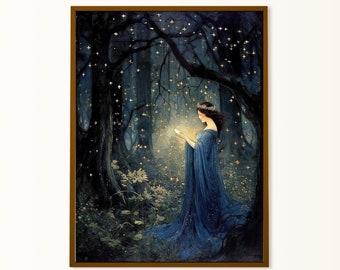 Fairy Art Poster, Night Magic Print, Stars Forest Fairy, Old Illustration,  Folklore, Fairycore Wall Art, Dark Fairy Nursery Baby Girl