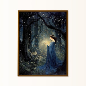 Fairy Art Poster, Night Magic Print, Stars Forest Fairy, Old Illustration,  Folklore, Fairycore Wall Art, Dark Fairy Nursery Baby Girl