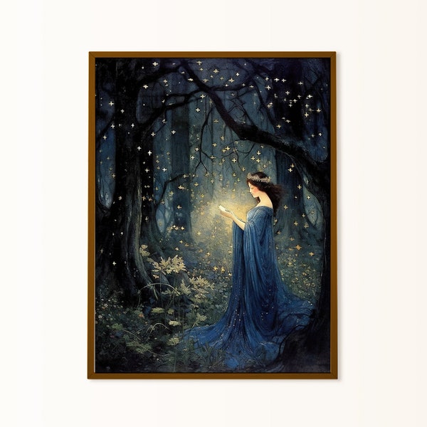 Fairy Art Poster, Night Magic Print, Stars Forest Fairy, Old Illustration,  Folklore, Fairycore Wall Art, Dark Fairy Nursery Baby Girl