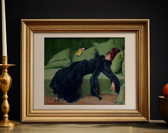 reading nook decor, book lover home gift, dark green wall art, victorian art, Ramon Casas Decadent, funny bookworm gift, home library decor
