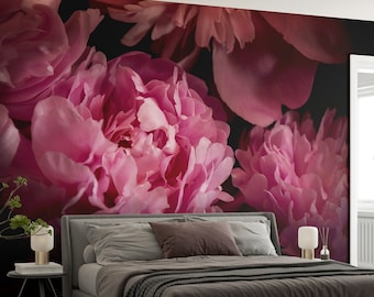 Mural de pared de peonías, papel tapiz de peonías oscuras, papel tapiz floral oscuro despegable y adhesivo de peonías, papel tapiz con un toque melancólico, flores reales, mural de flores rosas grandes