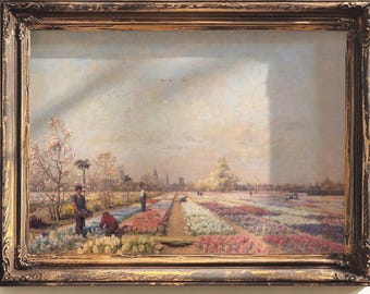 Wiosenny wydruk artystyczny, pola kwiatów, zabytkowy obraz hiacynta, wiosenne pole tulipanów, pastelowy wydruk krajobrazu z dzikimi kwiatami, kwiatowy obraz krajobrazowy