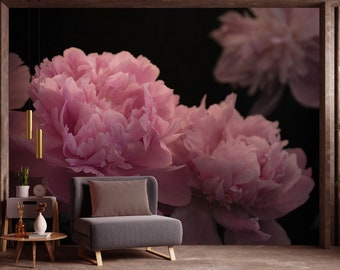 moody wallpaper, peony wallpaper, dark peony wall mural, dark floral wallpaper peel and stick peony, real flowers, accent wall bedroom