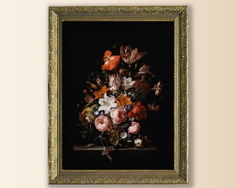 Impresión floral enmarcada de estilo melancólico, arte de pared enmarcado victoriano oscuro, decoración académica oscura, arte enmarcado de 16 x 20 para dormitorio, impresiones florales holandesas negras