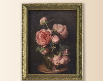 Arte de pared enmarcado con un tono melancólico, estampado floral vintage oscuro, pintura vintage enmarcada con un tono melancólico, estampado floral oscuro con un tono melancólico, impresión artística enmarcada con rosas, naturaleza muerta