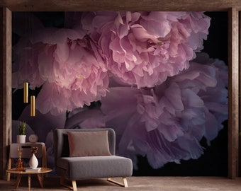 dark peony wallpaper, peony wall mural, accent wall bedroom, dark floral wallpaper peel and stick peony, moody wallpaper, real flowers