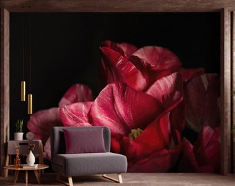 dark floral wallpaper, red flower wall mural, peel and stick wallpaper floral, black wallpaper, real flowers, tulip, big flower wallpaper