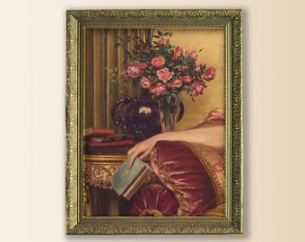 Art mural éclectique encadré, peinture vintage encadrée, impression encadrée femme lisant vintage, peinture à l'huile baroque détail mains, déco de coin lecture
