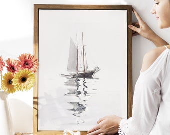 nautical decor, nautical wall decor, minimalist sailing print, black and white sailing boat poster, coastal art, watercolor boat painting