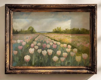 Sztuka ścienna z tulipanami, wiosenny wydruk pola tulipanów, wiosenny wydruk artystyczny, obraz pola tulipanów, zabytkowy obraz krajobrazowy, wiosenny wydruk kwiatowy