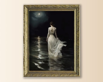 Art mural victorien de mauvaise humeur encadré, Dans les eaux sombres, impression encadrée Dark Academia, portrait de femme sorcière, impression vintage art sombre, femme lac