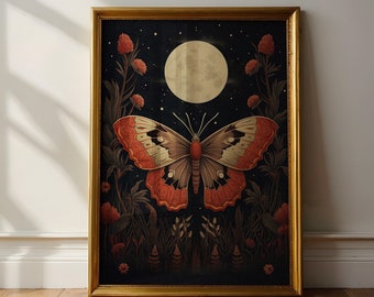 Moth Print, Insect Wall Art, Dark Cottagecore, Botanical Moth Illustration, Moth Poster, Dark Academia, Full Moon Art, Insect Illustration