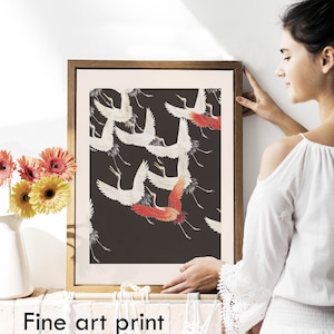 Arte murale giapponese EXTRA LARGE, gru bianche in volo, stormo di uccelli, stampa artistica nera, giapponese vintage, decoro ukiyo-e, poster in legno