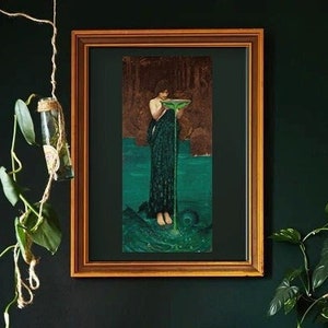 goddess art, John Waterhouse print, witchy, woman painting, green bathroom decor, emerald green, Circe Invidiosa, poetic romantic mythology