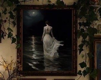 Into The Dark Waters - Dark Academia Print, Witchy Decor, Moody Victorian Wall Art, Woman Portrait, Dark Art Vintage Print, Woman Lake Print